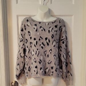 Gray and Black Crew Neck Sweater with Leopard Print